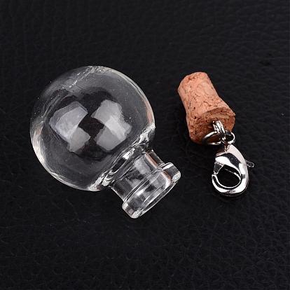 Rond verre souhaitant pendentifs bouteille, avec les accessoires en fer et fermoirs mousquetons en laiton, 47mm