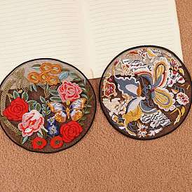 Polyester de style chinois avec patchs en tissu de coton, plat rond avec appliques motif papillon/fleur