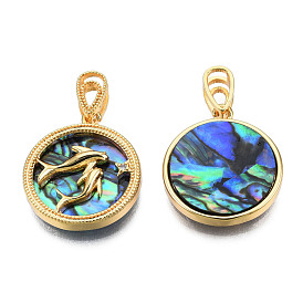 Brass Micro Pave Clear Cubic Zirconia Pendants, with Synthetic Abalone Shell/Paua Shells, Whale Charms, Real 18K Gold Plated, Nickel Free, Flat Round