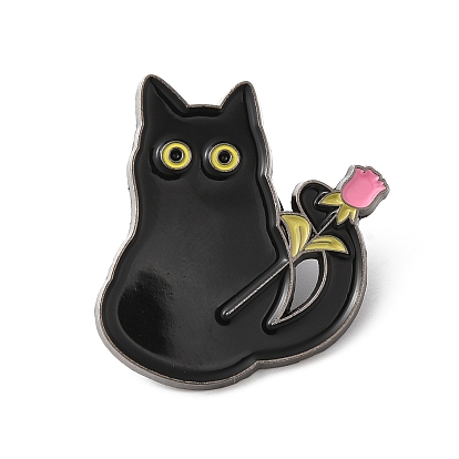 Alloy Brooches, Enamel Pins, for Backpack Cloth, Cat with Rose