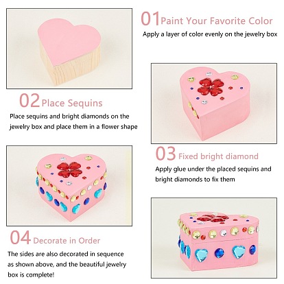 DIY Jewelry Boxes Kits, with Unfinished Heart Shape Wooden Jewelry Boxes, Wood Art Brushes Pen, Acrylic Rhinestone Sticker, Plastic Empty Paint Palette