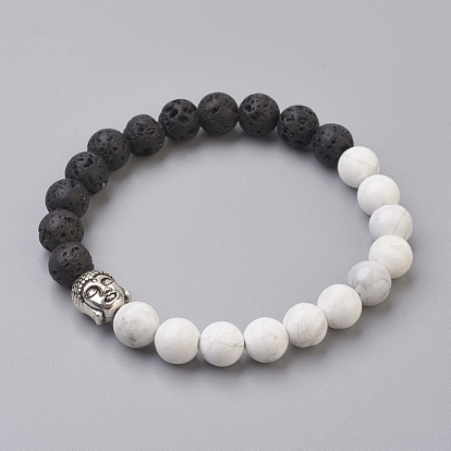 Perles de pierre de lave naturelle et perles de howlite naturelles bracelets extensibles, avec les accessoires en alliage, Bouddha, Emballage en toile de jute, argent antique
