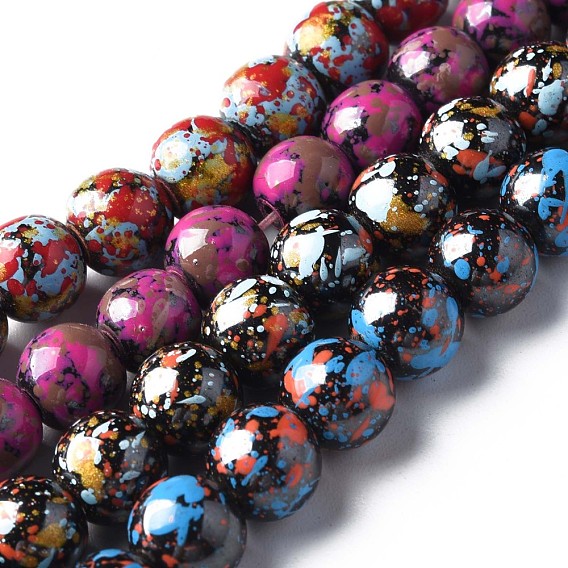 Spray Painted Non-magnetic Synthetic Hematite Beads Strands, with Glitter Powder, Round