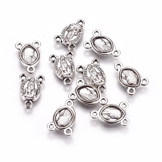 Tibetan Style Alloy Chandelier Component Links, 3 Loop Connectors, Oval with Virgin Mary, Rosary Center Pieces