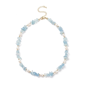 Natural Aquamarine Chips & Pearl Beaded Necklace, Gemstone Jewelry for Women