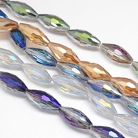 Electroplate Crystal Glass Rice Beads Strands, Faceted, Rainbow Color Plated, 19x8mm, Hole: 1mm, about 40pcs/strand, 29.1 inch