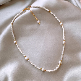 Baroque Freshwater Pearl Necklace with Titanium Steel Xiaomi Beads - Irregular, Elegant, Collarbone Chain.