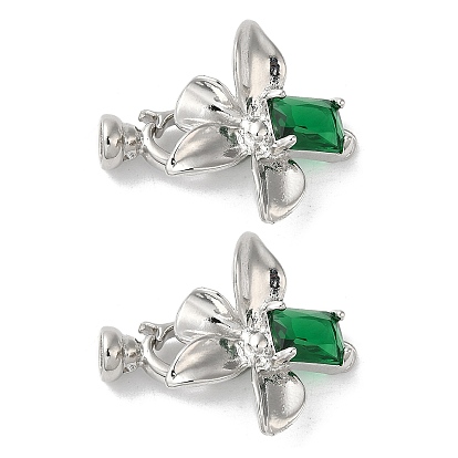 Rack Plating Brass Pave Green Glass Flower Fold Over Clasps, Cadmium Free & Lead Free, Long-Lasting Plated