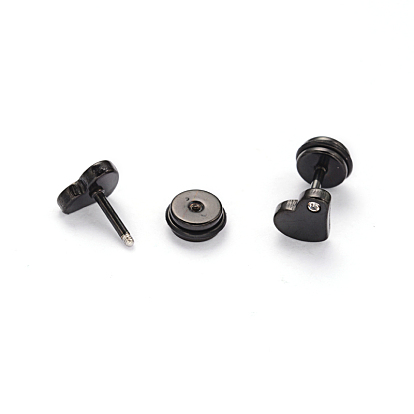304 Stainless Steel Heart Earlobe Plugs, Screw Back Earrings, with Rhinestone, 8x6mm, Pin: 1mm