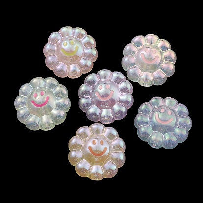 Luminous UV Plating Rainbow Iridescent Acrylic European Beads, Glow in the Dark, Large Hole Beads, Flower with Smiling Face