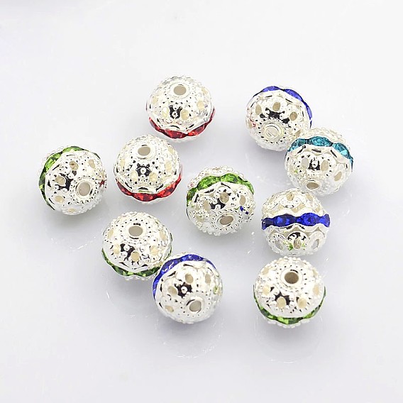 Perles en laiton de strass, Grade a, couleur argent plaqué, ronde, 10 mm de diamètre, Trou: 1.2mm