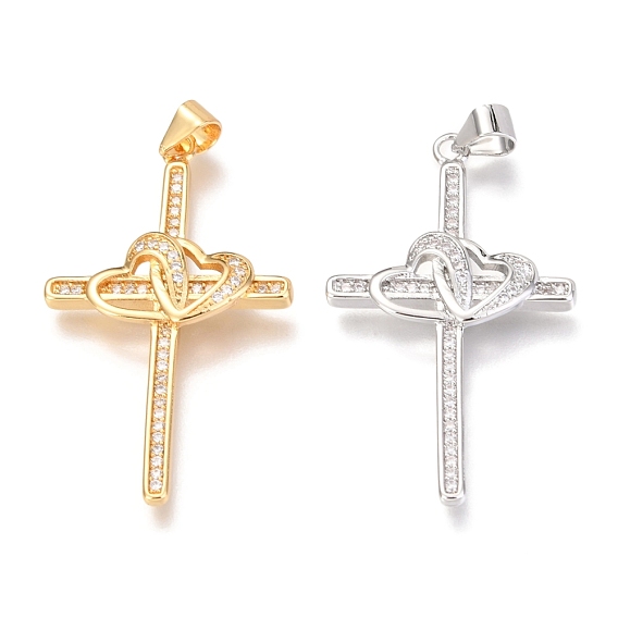 Brass Micro Pave Clear Cubic Zirconia Pendants, Cross with Heart