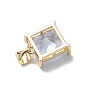 Brass Cubic Zirconia Pendants, Cadmium Free & Lead Free, Real 18K Gold Plated, Long-Lasting Plated, Square Charm