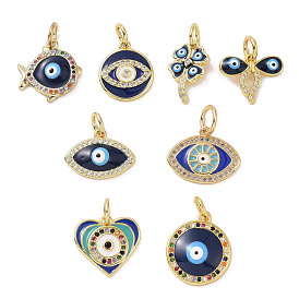 Real 18K Gold Plated Brass Micro Pave Cubic Zirconia Pendants, with Enamel and Jump Ring, Evil Eye Charms
