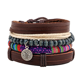 Bracelets multi-brins, bracelets empilables, de simili cuir, cordon en coton ciré, perle en bois et corde de chanvre, argent antique