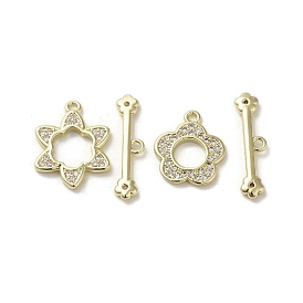 Brass Micro Pave Cubic Zirconia Toggle Clasps, Long-Lasting Plated, Flower