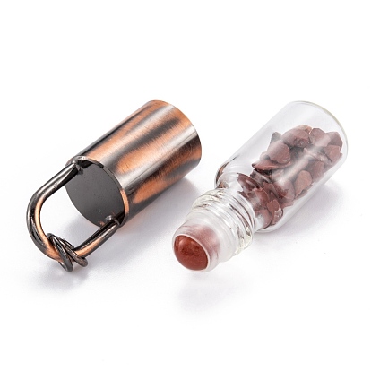 Glass Roller Bottle, with Natural Gemstone Roller Balls and Chips, Essential Oil Perfume Bottles, Red Copper Brass Bottle Cap