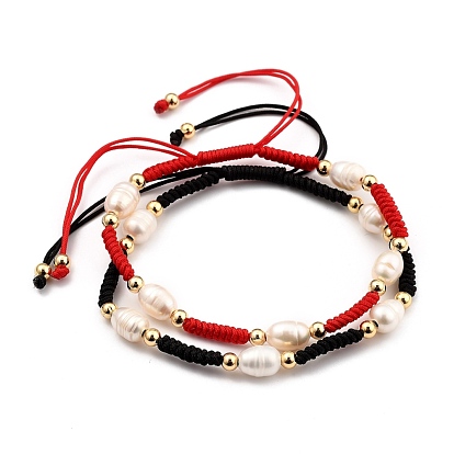 Bracelets de perles tressées en fil de nylon ajustable, avec perles de culture d'eau douce naturelles et perles en laiton, réel 18 k plaqué or