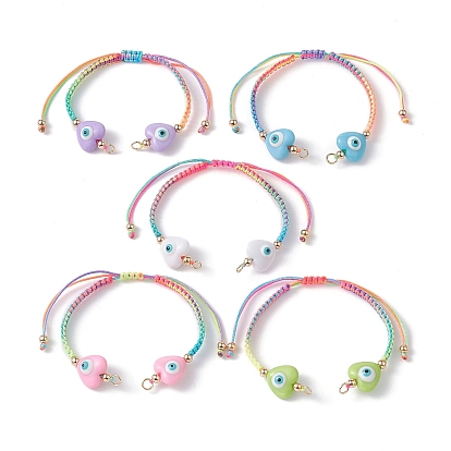 Gradient Color Adjustable Nylon Braided Cord Bracelet Making, with Resin Heart Evil Eye, Fit for Connector Charms