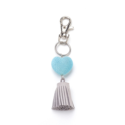 Porte-clés alliage, avec pompon en faux daim et perles en acrylique