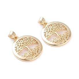 Brass Micro Pave Clear Cubic Zirconia Pendants, Long-Lasting Plated, Flat Round with Tree of Life
