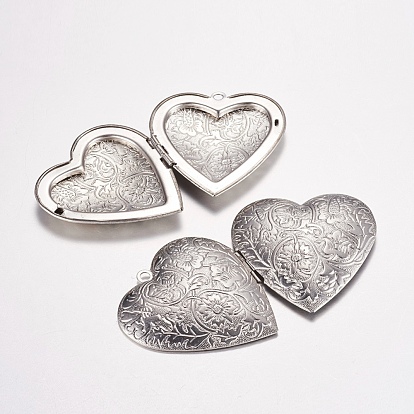 316 Stainless Steel Locket Pendants, Photo Frame Charms for Necklaces, Heart with Flower
