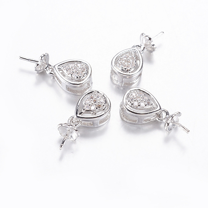Long-Lasting Plated Brass Micro Pave Cubic Zirconia Cup Pearl Peg Bails Pin Pendants, For Half Drilled Beads, Drop