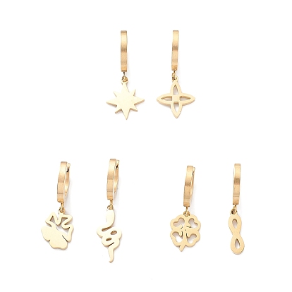 3 Pair 3 Style Star & Clover & Snake & Infinity 304 Stainless Steel Asymmetrical Earrings, Dangle Hoop Earrings for Women