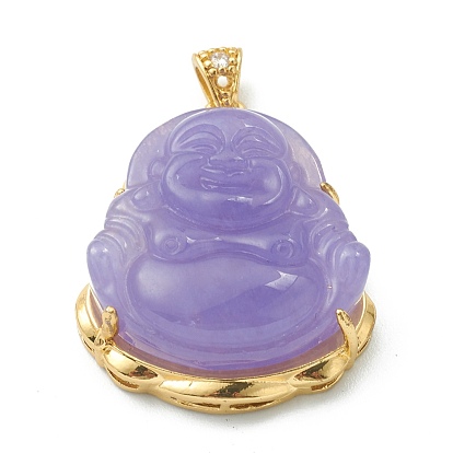 Brass Micro Pave Clear Cubic Zirconia Pendants, with Dyed & Heated Natural Agate, Laughing Buddha, Golden