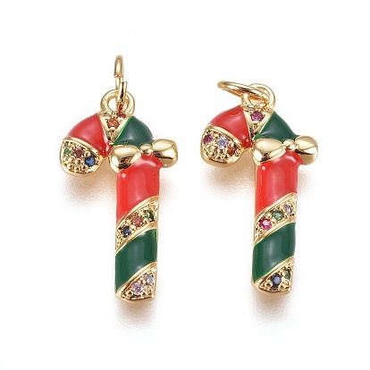 Brass Micro Pave Cubic Zirconia Pendants, with Enamel and Jump Ring, Christmas Candy Cane, Red & Green