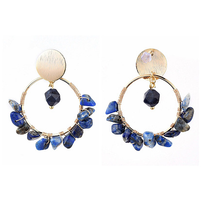 Brass Dangle Stud Earrings, with Chip Natural Gemstone Beads, Brass & Plastic Earring Backs