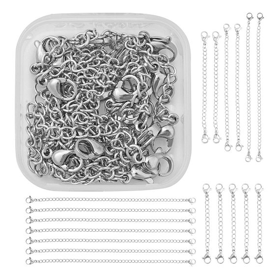 10 Strands 5 Style 304 Stainless Steel Chain Extender, with Curb Chains and Lobster Claw Clasps