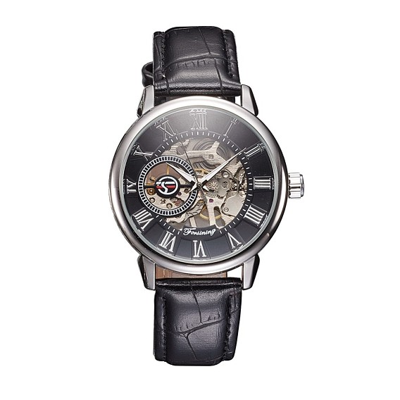 Alloy Watch Head Mechanical Watches, with PU Learther Cord Watch Band