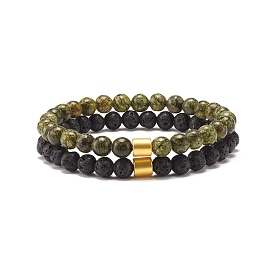 2Pcs 2 Style Natural Serpentine/Green Lace & Lava Rock Round Beaded Stretch Bracelets Set with Column Synthetic Hematite, Oil Diffuser Power Stone Jewelry for Women
