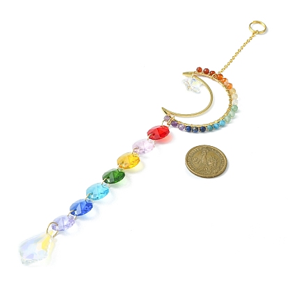 Glass Teardrop Pendant Decorations, Hanging Suncatchers, with Octagon Glass Link and Natural Gemstone, for Home Decorations