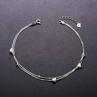 SHEGRACE 925 Sterling Silver 2-Layered Anklet, Hearts and Small Beads, Platinum, 210mm