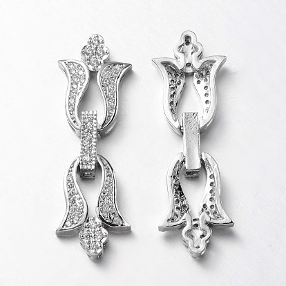 Flower Brass Micro Pave Cubic Zirconia Fold Over Clasps, Lead Free & Nickel Free, 39x13x5mm, Hole: 2x1mm