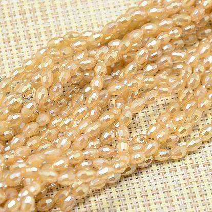 Electroplate Glass Beads Strands, Full Plated, Faceted, Oval, 6x4mm, Hole: 1mm, about 72pcs/strand, 16 inch