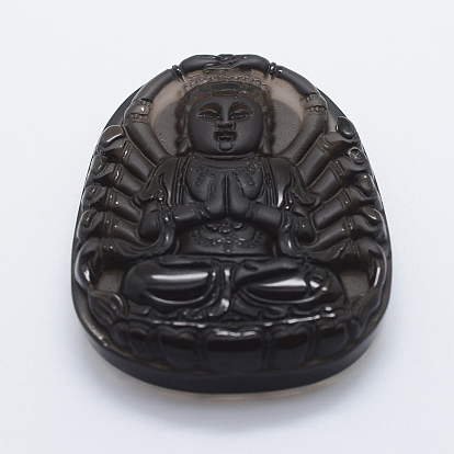 Colgantes grandes guan yin de obsidiana natural tallada, diosa de la Misericordia