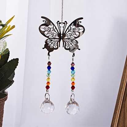 Crystals Chandelier Suncatchers Prisms Chakra Hanging Pendant, with Iron Cable Chains, Glass Beads and Brass Pendants, Butterfly with Round