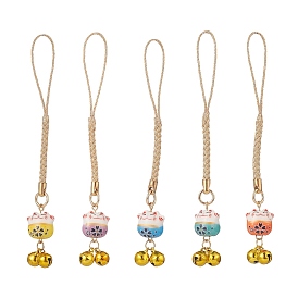 Handmade Porcelain Lucky Cat Mobile Straps, Bell Charms and Polyester Cord Mobile Accessories Decoration