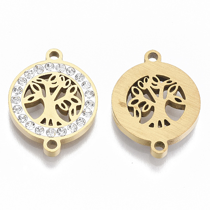 201 Stainless Steel Links Connectors, with Polymer Clay Crystal Rhinestone, Flat Round with Tree of Life