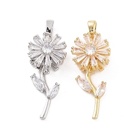 Brass Micro Pave Clear Cubic Zirconia Pendants, Flower Charm