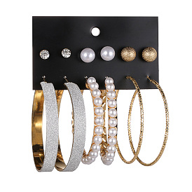 Exaggerated Pearl Hoop Earrings Set - Matte Inlaid Diamond Studs