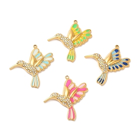304 Stainless Steel Enamel Pendants, with Rhinestones, Real 18K Gold Plated, Brid Charm