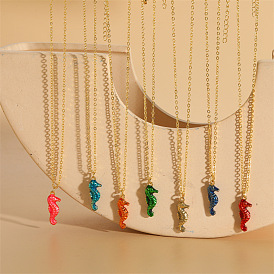 Real 14K Gold Plated Brass Enamel Pendant Necklace, Sea Horse Jewelry for Women