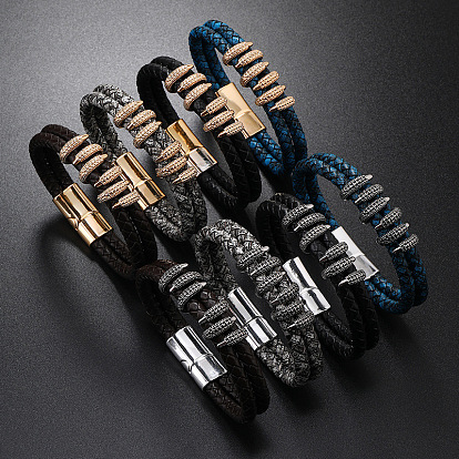 Leather Double Layer Multi-strand Bracelet, with Alloy Magnetic Clasp