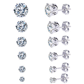 Minimalist Set of 6 Pairs Zirconia Stud Earrings in Stainless Steel
