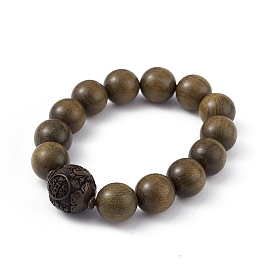 Natural Wood Round Round Beaded Stretch Bracelets, Chinese Character Lucky Bracelet for Women