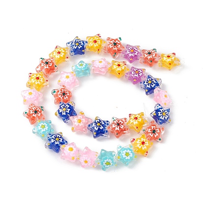Handmade Lampwork Beads Strands, with Enamel, Star with Sakura Pattern